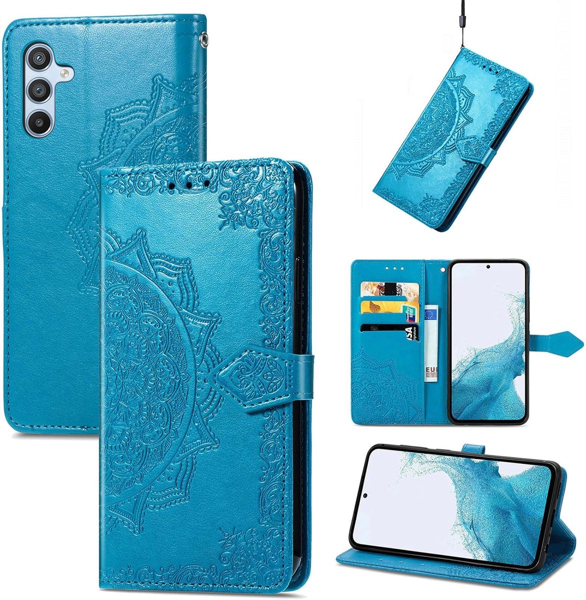 Beschermhoes voor Samsung Galaxy A37 / A56 / A36 5G, klaphoes van leer met kaartsleuven, standfunctie, magneetsluiting, mandala, wallet case, flip cover, blauw