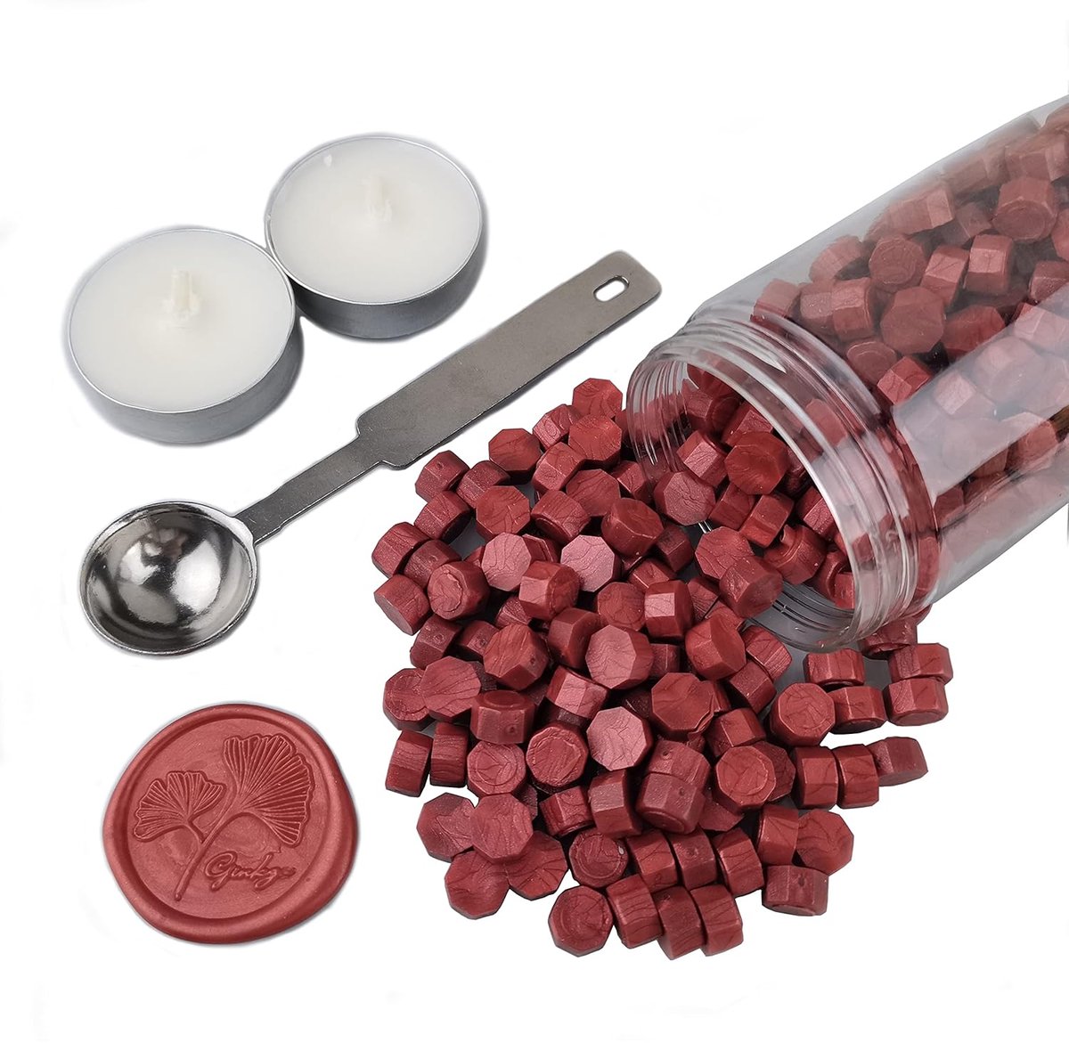 kralen, AMTOL 300 stuks wax sluitkralen met 2 stuks witte kaarsen en 1 stuks wax smeltlepel, geweldig voor bruiloft uitnodigingen, kaarten enveloppen, geschenkverpakking (wijnrood)