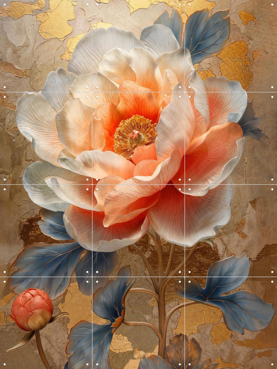 IXXI Orange Flower Gold, OTTI - 60 x 80 cm - Gratis ophangtool - Grote wanddecoratie en posters - Gemengde Technieken, Klassiek, Slaapkamer