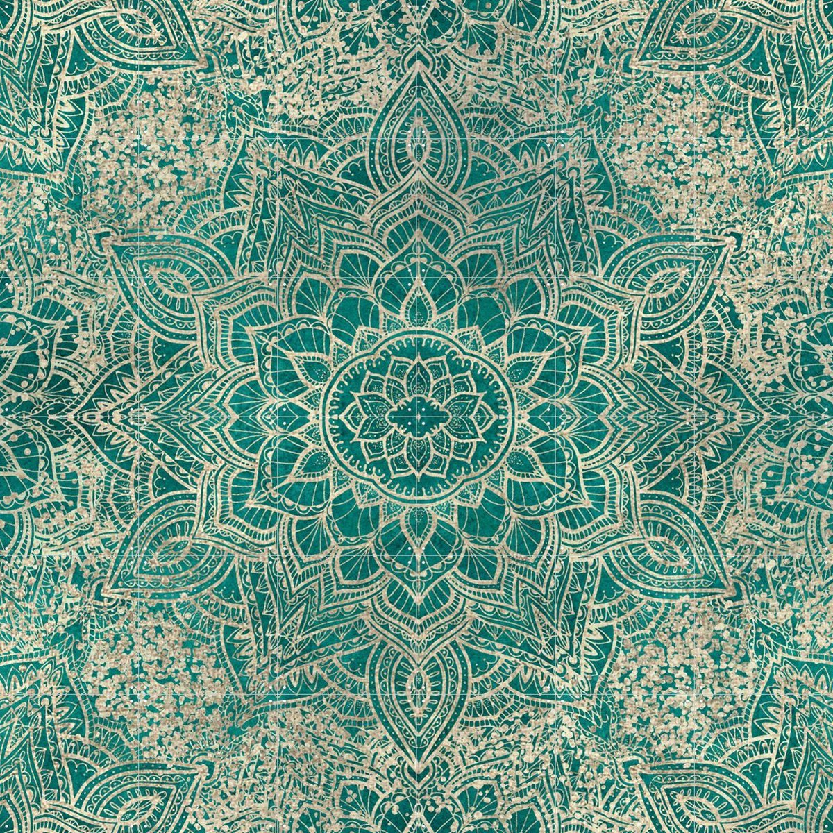 IXXI Boho Sparkling Mandala Allover Teal Gold, Bloomery Decor - 120 x 120 cm - Gratis ophangtool - Grote wanddecoratie en posters - Abstract