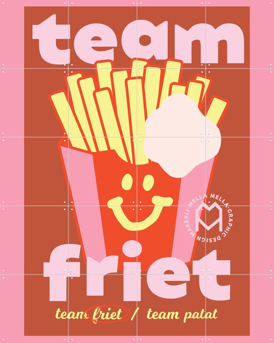 IXXI Team Friet, Mella Mella - 80 x 100 cm - Gratis ophangtool - Grote wanddecoratie en posters - Cartoonesk, Digitale Kunst, Kleurrijk, Typografie