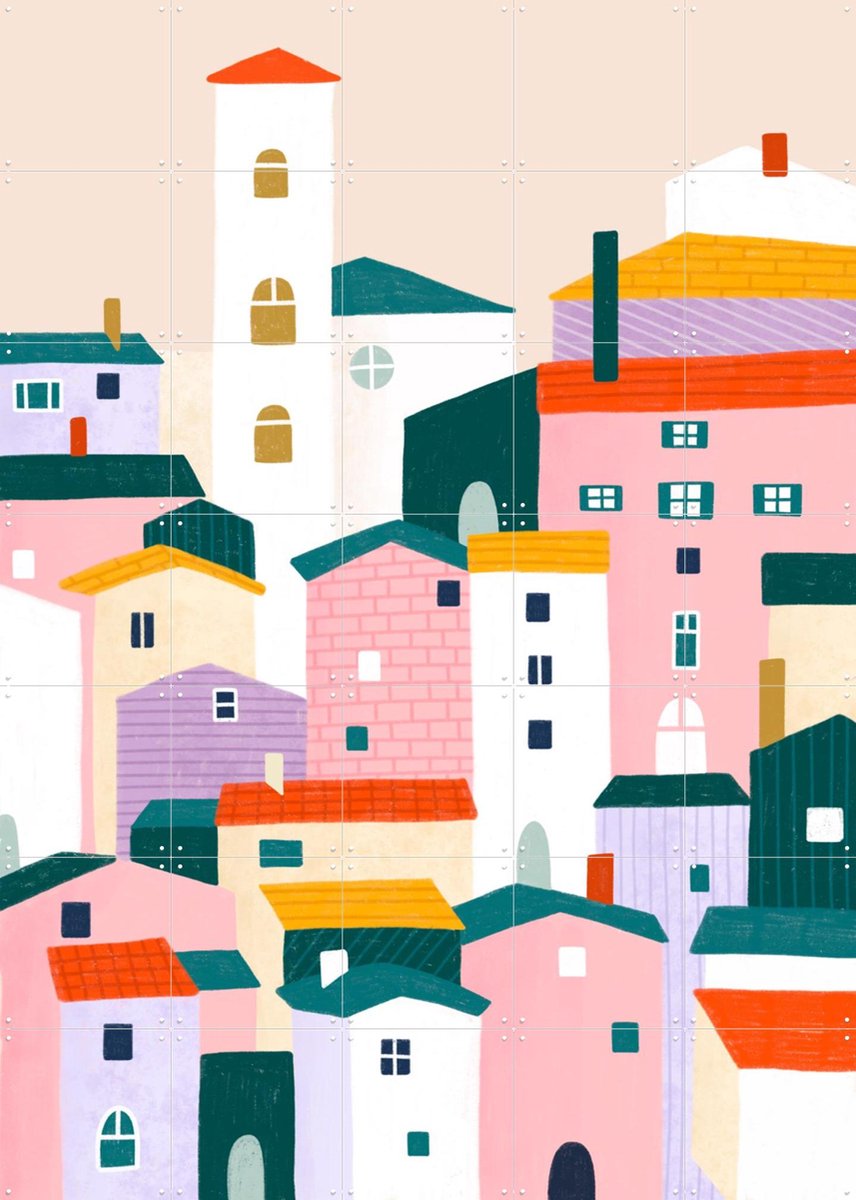 IXXI Colorful Village Scene, Bea Müller & Various - 100 x 140 cm - Gratis ophangtool - Grote wanddecoratie en posters - Fantasierijk, Speels