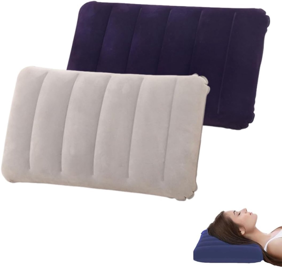 Opblaasbaar Kussen - Blauw - 47 x 30 cm - PVC Reiskussen met Ergonomisch Ontwerp - Voor Strand en Camping