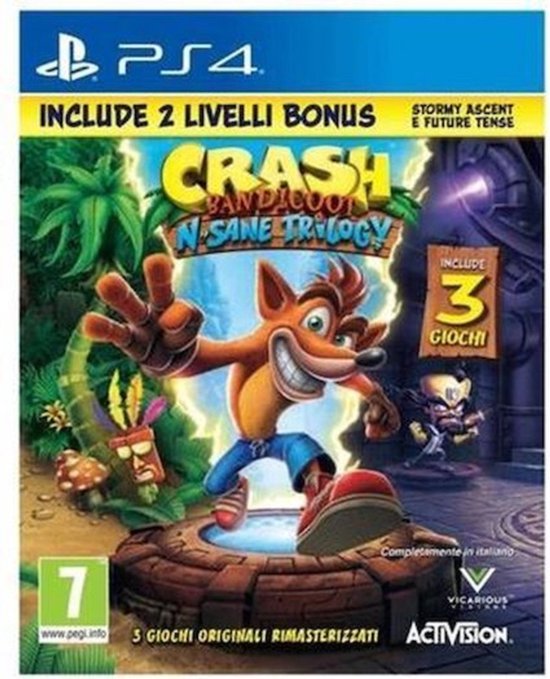 Crash Bandicoot N. Sane Trilogy PS4 game cover. Crash staat op een steen met licht. Inclusief 2 bonuslevels.