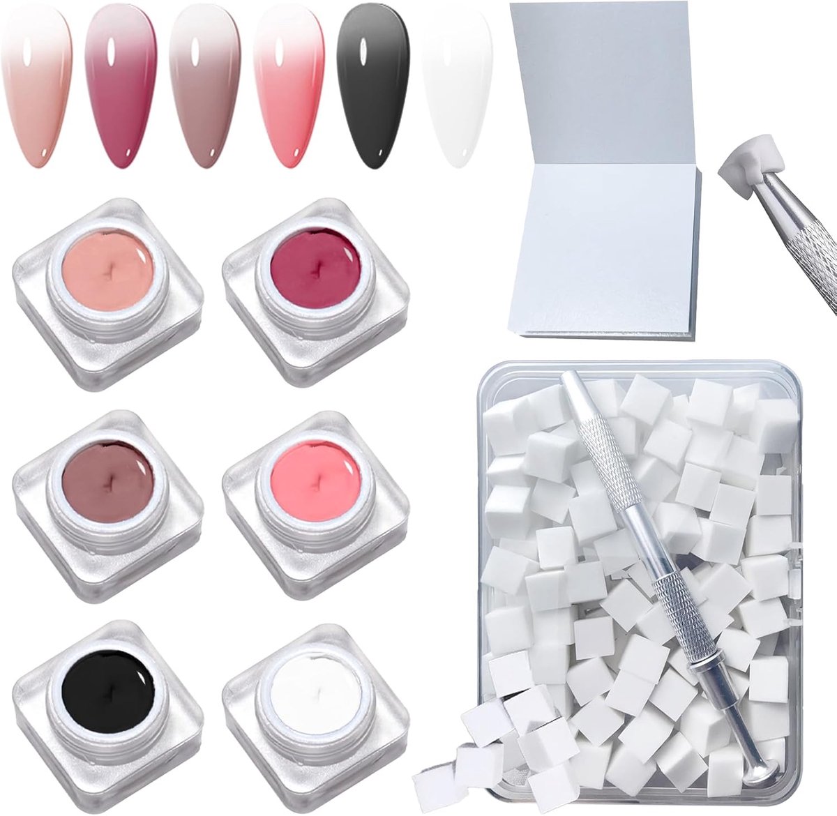 SnelShoppen - 6 Kleuren Ombre Gelset voor Gelnagels, Sterk Gepigmenteerd, Inclusief 100 Sponzen, Pincet en Mengpapier voor Nageldesign en Kleurverloop