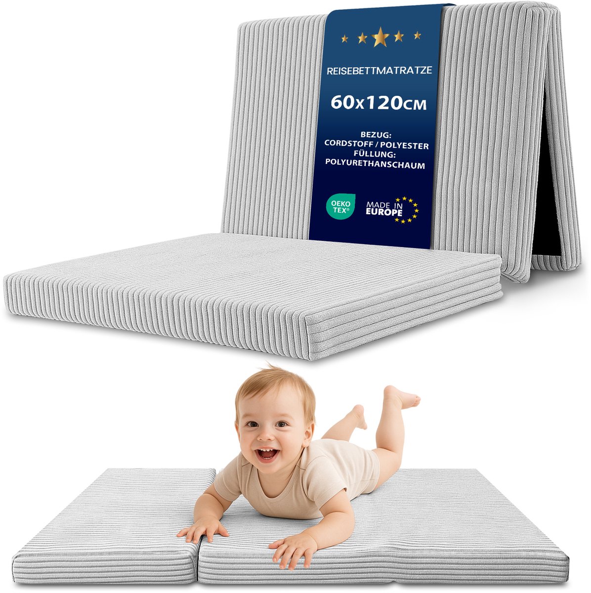 Vouwmatras Kind Opvouwbaar 60x120 cm Logeermatras Vloermatras Kinderkamer Reismatras Draagbaar Compact Afneembare Hoes Wasbaar Oeko-Tex certificaat 60 x 120 Lichtgrijs