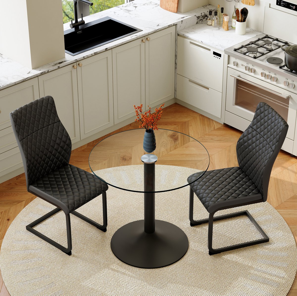 MODFU Set Tafel En Stoelen - Ronde Glazen Tafel - 2 Stoelen - Industrieel