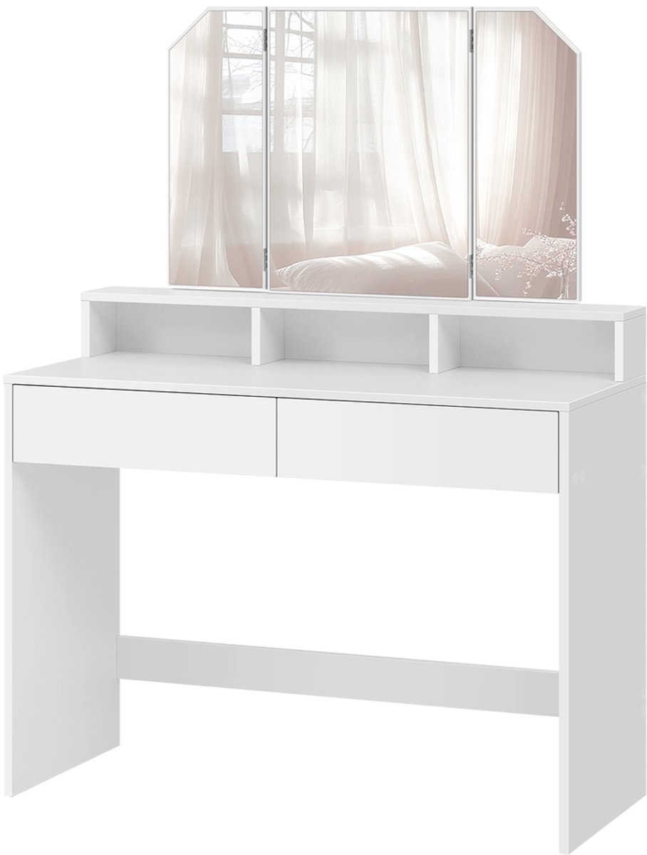 Kaptafel met inklapbare spiegel en 2 lades – make-uptafel – cosmeticatafel met 3 open vakken – Wit