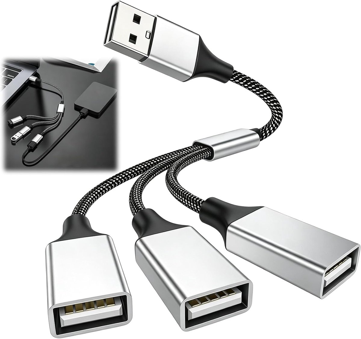 USB-splitterkabel, 3 poorten, USB type A splitter 1 mannelijk naar 3 vrouwelijk, USB 2.0 hub drievoudig voor uitbreiding, opladen en overdracht 480 Mbps, multi-USB-adapter voor pc, laptop, Mac