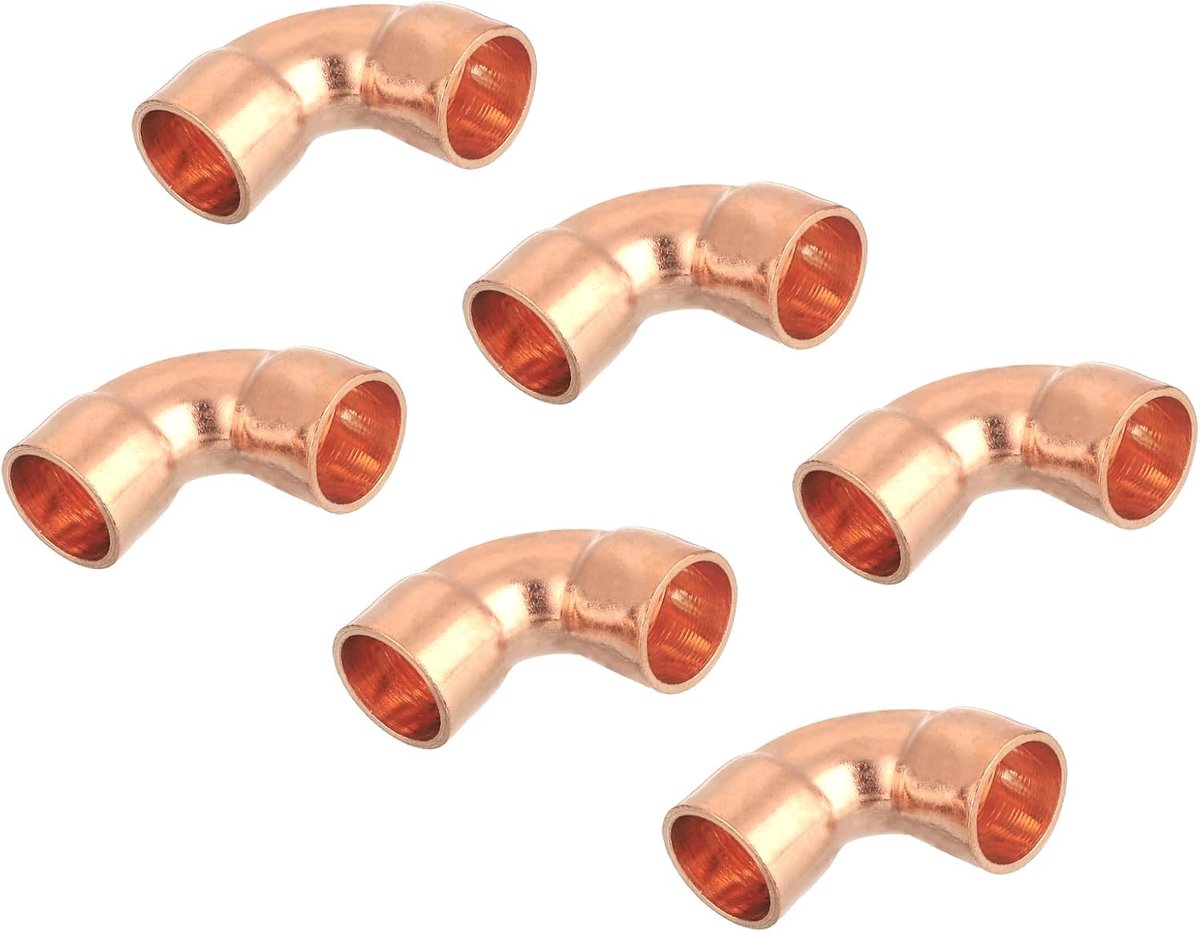 6 stuks 0,37 inch 90 graden compressieartikelen voor koperen buis met soldeeraansluiting voor hydraulische installaties, 22 x 22 mm