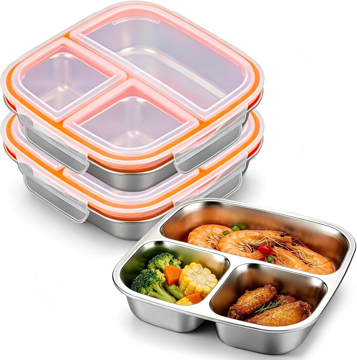 600 ml snackbox met vakken, 2 stuks snackbox roestvrij staal met 3 vakken, bento box voor kinderen en volwassenen, lekvrije metalen bentobox met deksel voor school, kantoor, camping