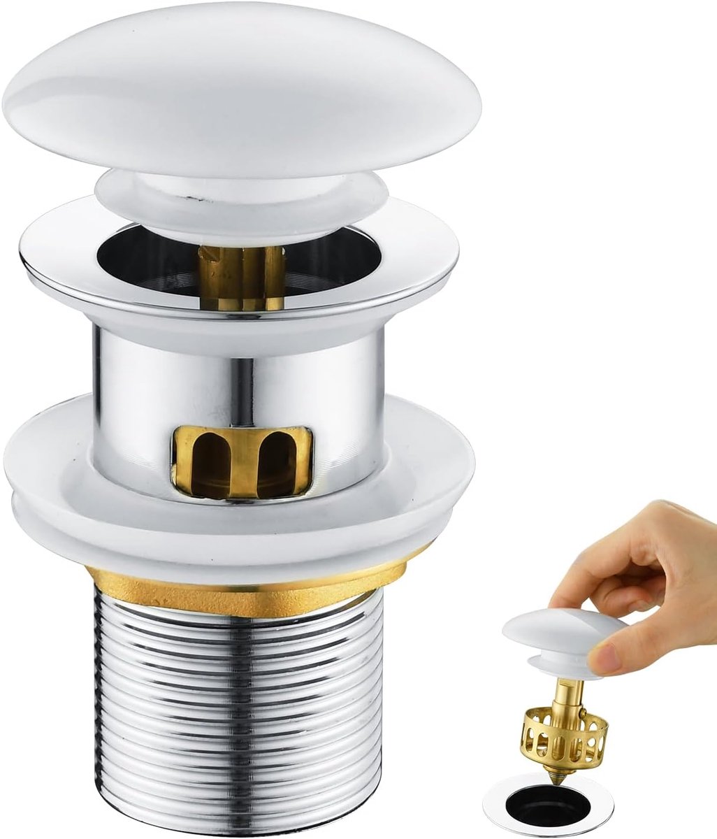 Afvoergarnituur met overloop wit keramiek 1 1/4 inch | Universele pop-up afvoerventiel, wastafel met zeefmand, wastafelstop, afvoerstop voor wastafel, gastentoilet