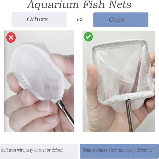 kleine aquariumnetten, uitschuifbare roestvrijstalen lange steel, zacht, vierkant gaas voor vissen, tanks, kleine vijvers — afbeelding 3