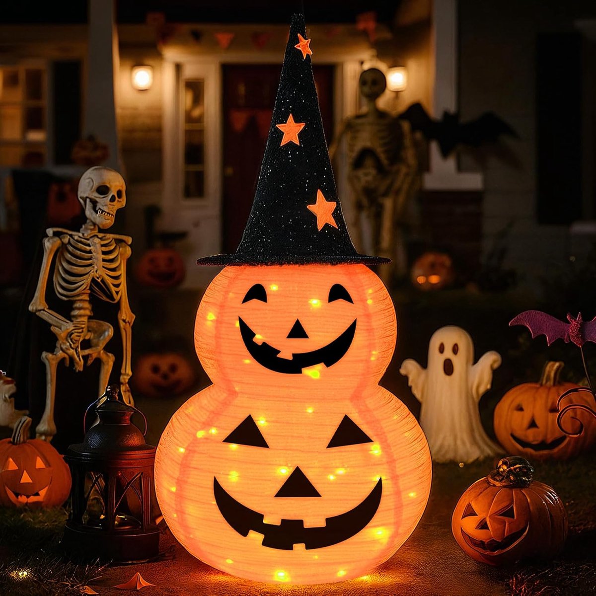 Ulisem - Halloween pompoen decoratie - 3 voet oplichtende stapelpompoen met 50 LED - 8 lichtstanden inclusief timer - Batterijgevoed - Opvouwbaar en weerbestendig - Geschikt voor tuin, entree en feest - Oranje