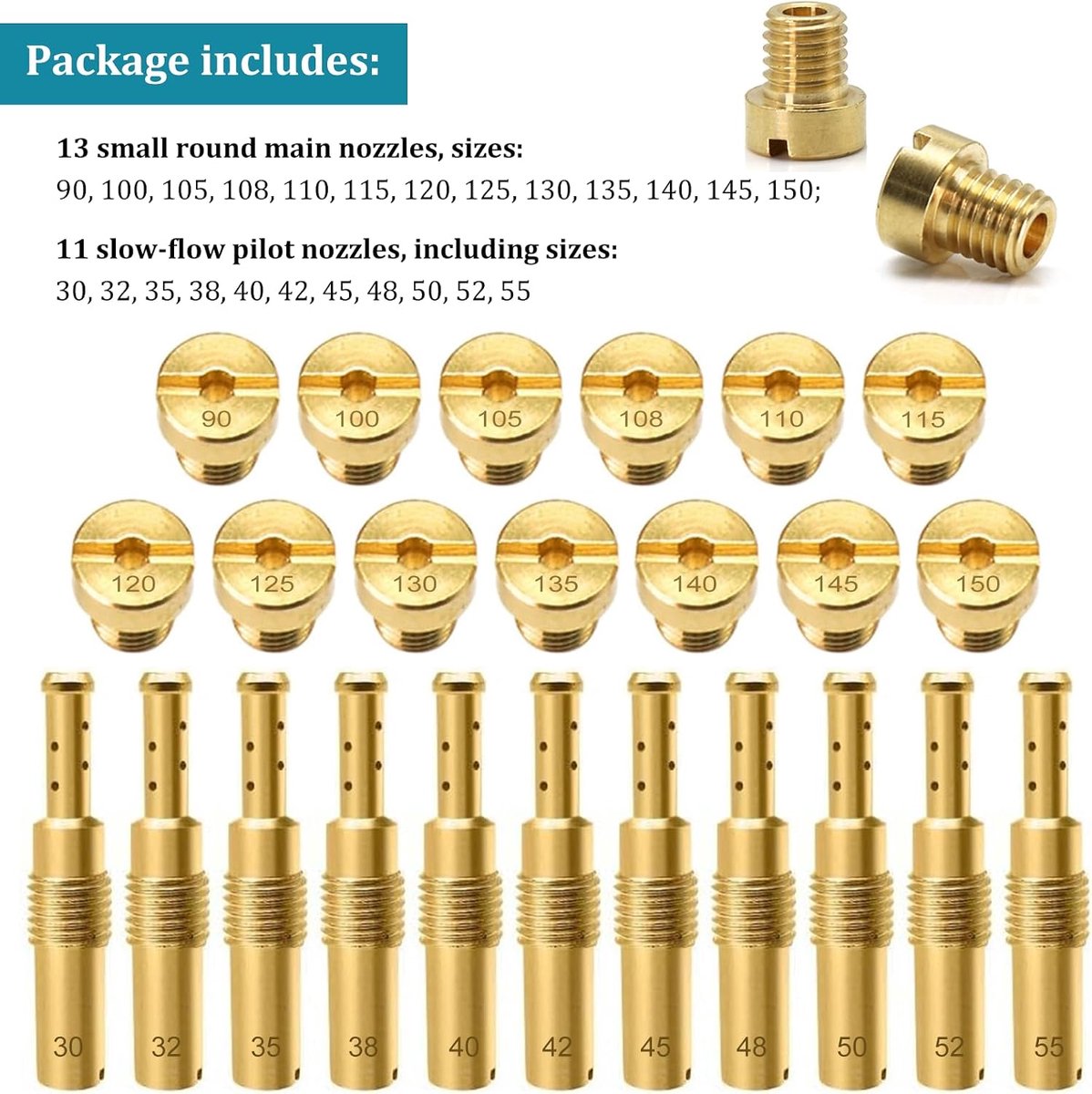 24 stuks M5 M6 carburateur mondstukken set carburateur hoofdmondstuk universele hoofdmondstuk set maat 30-150 carburateur mondstuk van messing langzame pilotmondstukken voor FCR-MX PE PJ PZ