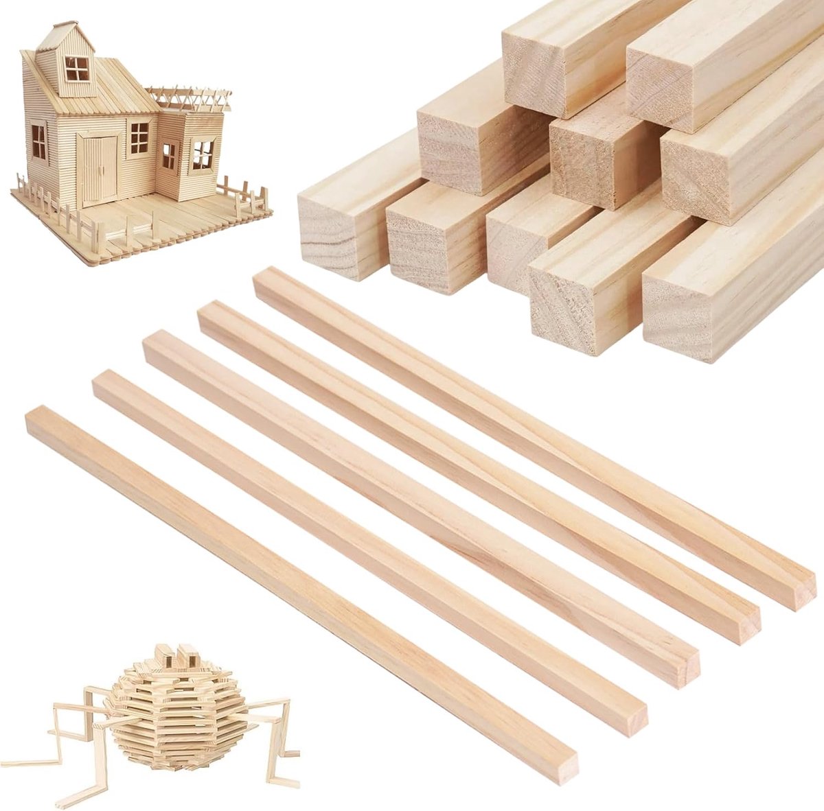 Houten stokken, vierkant, 30 x 1,5 x 1,5 cm, knutselhout, natuurlijke houten latten om te knutselen, voor houtbewerking, kunstprojecten, doe-het-zelf