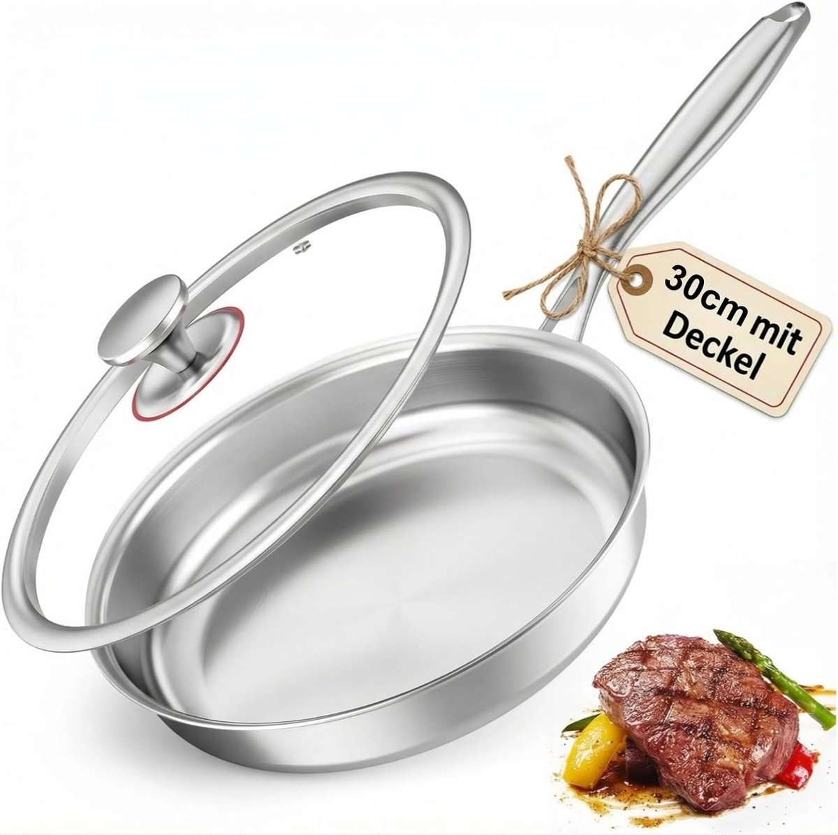 30 cm roestvrijstalen pan met deksel, ongecoat roestvrij staal, braadpan, inductie, PFOA-vrij, gemakkelijk te reinigen en vaatwasmachinebestendig, geschikt voor alle warmtebronnen