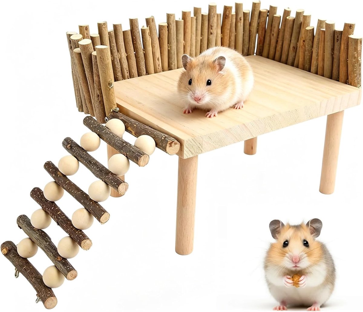 klimplatform van massief hout met ladder en hek, kleine huisdierspeelplaats en klimrek, stabiele kooiaccessoires voor hamsters, gerbillen, eekhoorns, vogels en andere kleine dieren