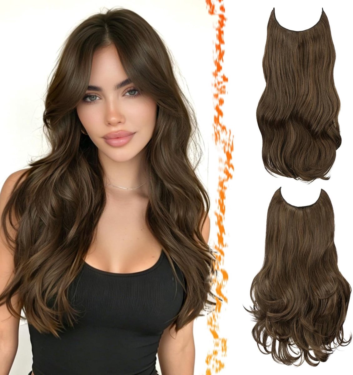2 PCS Bruin Invisible Wire Extensions, 50 cm Chocolade Bruin Zacht Golvend & Vlindersnede Gelaagde Synthetische Onzichtbare Draad Clip-in Haarextensies voor Vrouwen Krullende Haarstukjes