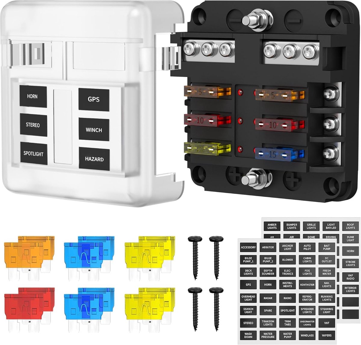 6-weg zekeringkast, zekeringhouder, 12 V, met led-display, autozekeringen, opbergdoos voor bladeren en bussen, voor auto's, campers, boten, caravans (6-wegs)