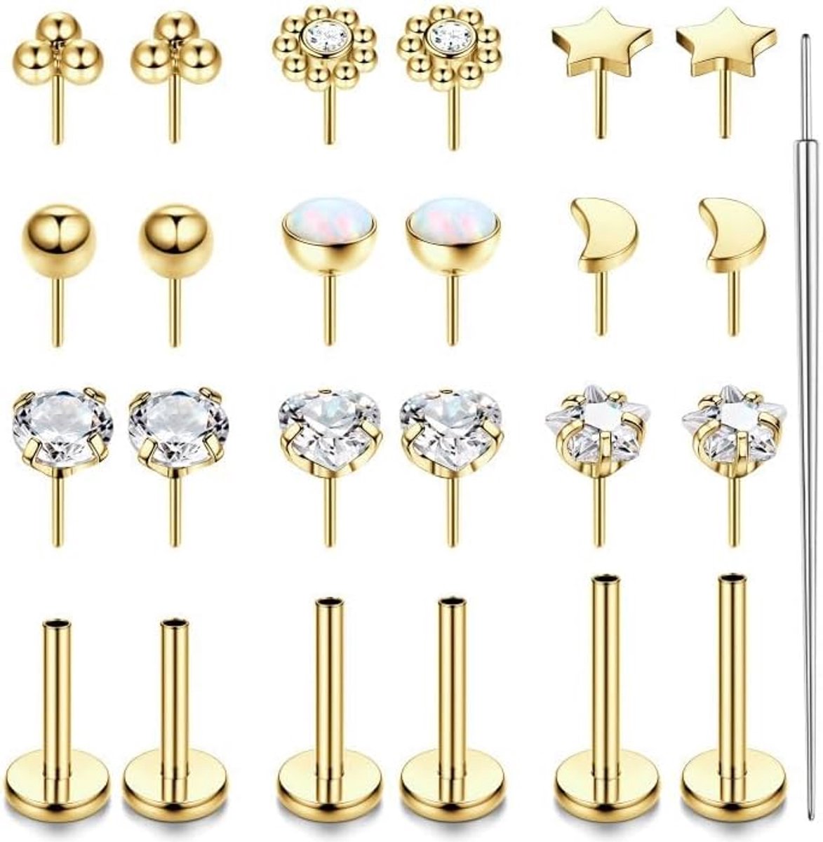 16 g / 18 g / 20 g labret piercing van chirurgisch staal met binnendraad, tragus, CZ, platte achterkant, lip, neus, piercing 6/8/10 mm