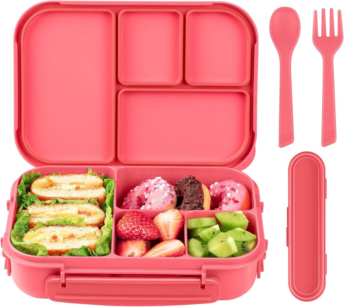 Lunch Box Adults/Kids,Bento Box Kids,1200ML-4 vakken Lekvrij Lunchbox met Keukengerei,Lunchbox Voor Volwassenen,Lunch Container,Snackbox Sandwichbox,Herbruikbaar (Roze)
