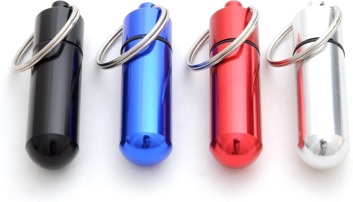 mini pillendoos als sleutelhanger, waterdichte aluminium capsule met schroefsluiting en gummiring, 4 stuks kleurenmix zilver zwart rood blauw, hoogte 48 mm, Ø14 mm buiten, Ø11 mm binnen, 9 g