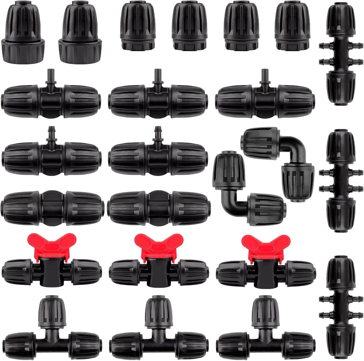 24-delige set irrigatiefittingen van 1/2 tot 1/4 inch, druppelslang met schroefmoeren en koppelingen voor de tuin (schakelkranen, T-stukken, T-verbindingen, bochten, eindstukken)