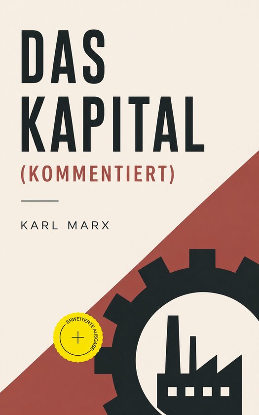 Boek "Das Kapital (Kommentiert)" van Karl Marx, met een tandwiel en fabrieksymbool op een rode en crème achtergrond.