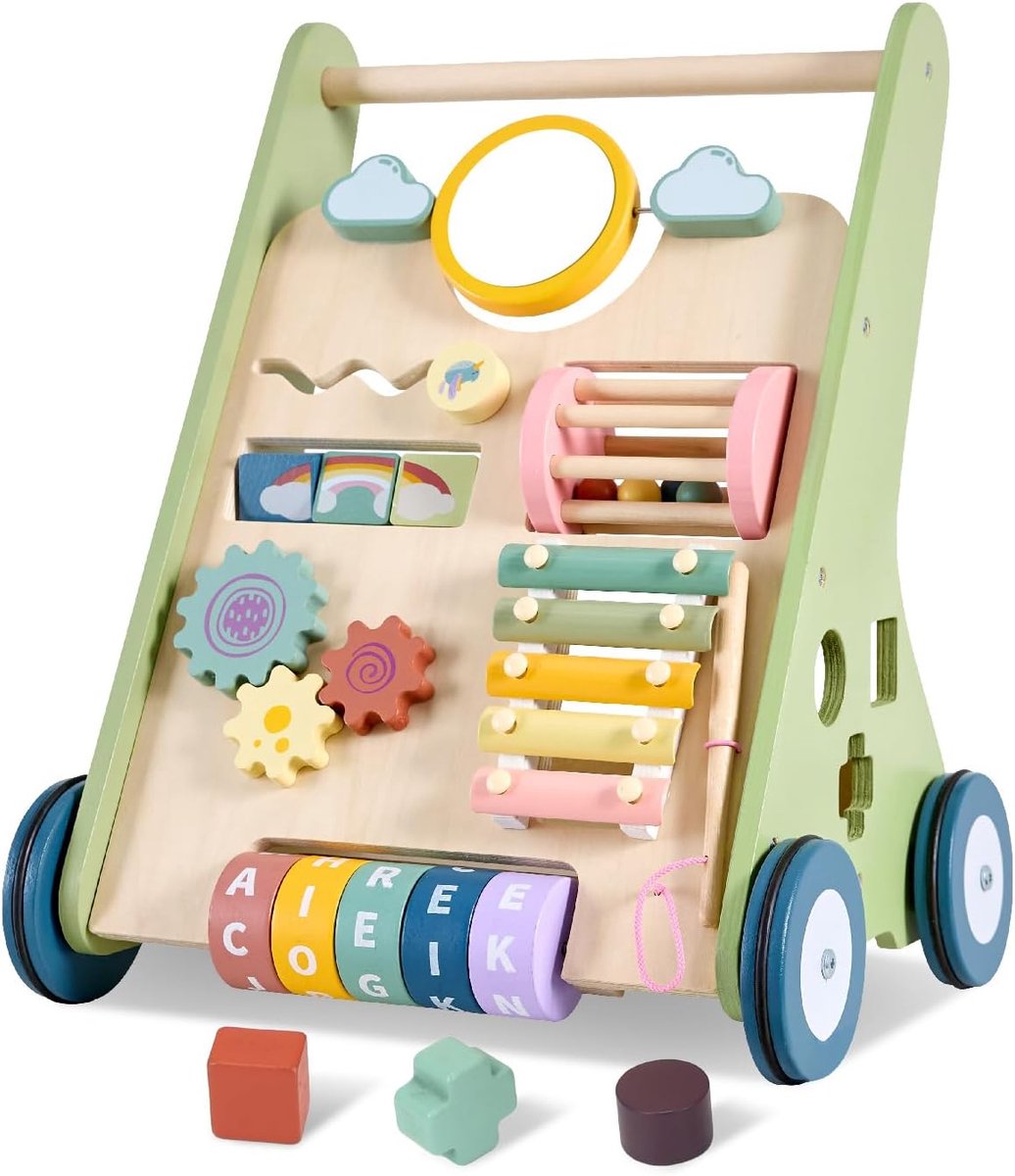 Baby Walker Wielen, Baby Push Walker voor Baby's 6-12 Maanden Montessori, Peuter Walker Push Toy Houten Activity Walker voor Baby Jongen, Wandelspeelgoed voor 1 Jaar Oud Leren Lopen Meisje