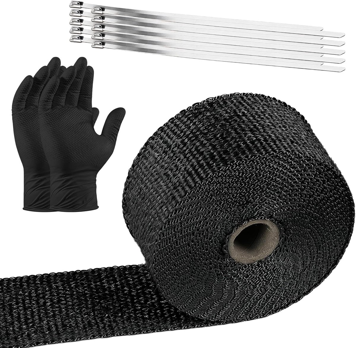 Hittebeschermingstape voor uitlaat, basaltvezel, uitlaatband, hittebescherming, uitlaatbandage, afdichtingstape met 10 stuks roestvrijstalen kabelbinders en handschoenen, isolatietape, hittebestendig