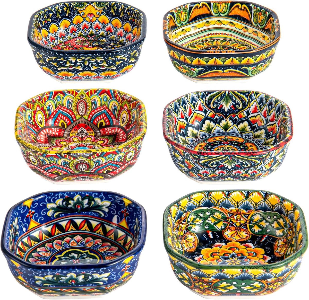 Home dipkommen, porselein, snackkommen en dipkom/vierkante kom 6-240 ml, appetijtelijke borden/kleurrijke kommen voor snacks, dessert - Boheemse stijl