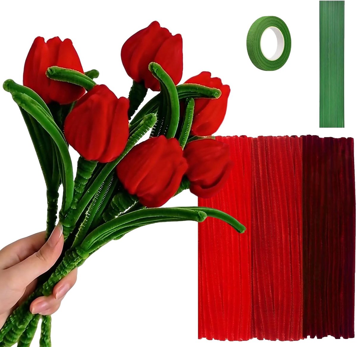 311-delige Rode Pijpenragers Bloemenset, Chenille Draad Knutselset met Accessoires, voor DIY Bloemen, Feestdecoraties en Klasprojecten