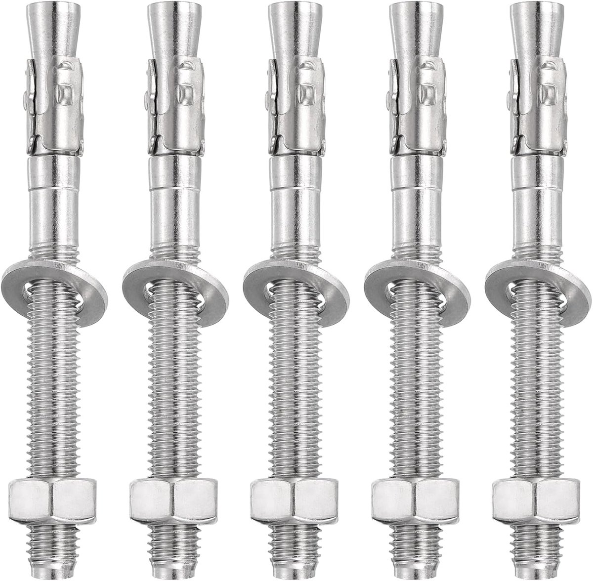 5 stuks expansieankers, 1/2 inch x 5 inch roestvrijstalen ankerbouten voor beton, robuuste standaard bevestiging voor muurbevestiging van cement (inclusief sluitringen, zilverkleurig)