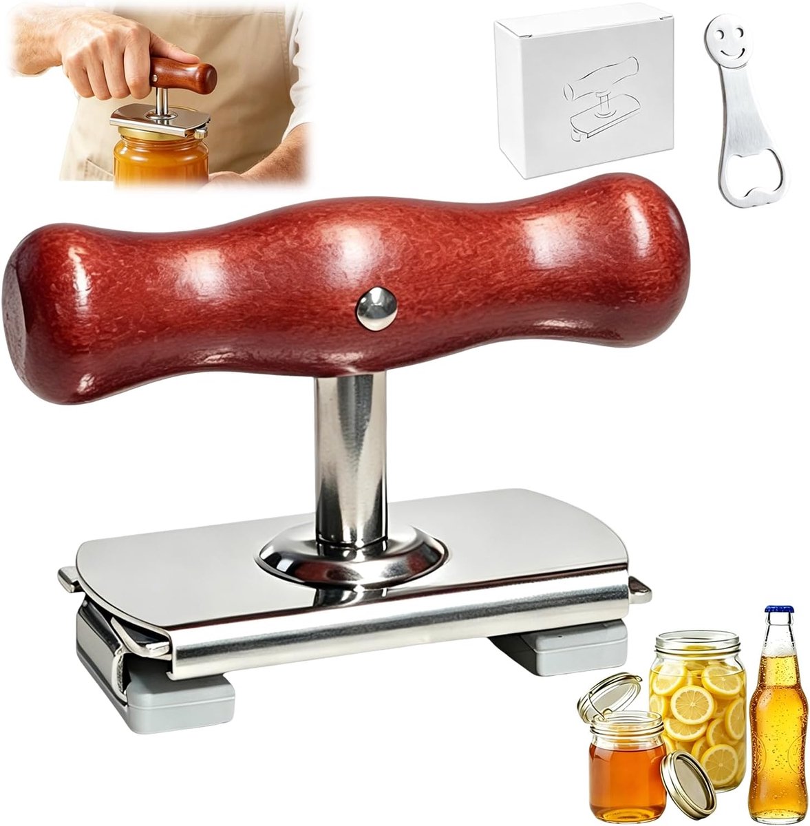 Flesopener voor senioren met zwakke handkracht, verstelbare iconische functionele blikopener van hoogwaardig roestvrij staal met houten handvat, geschenken voor senioren/vrouwen/mannen (met bieropener