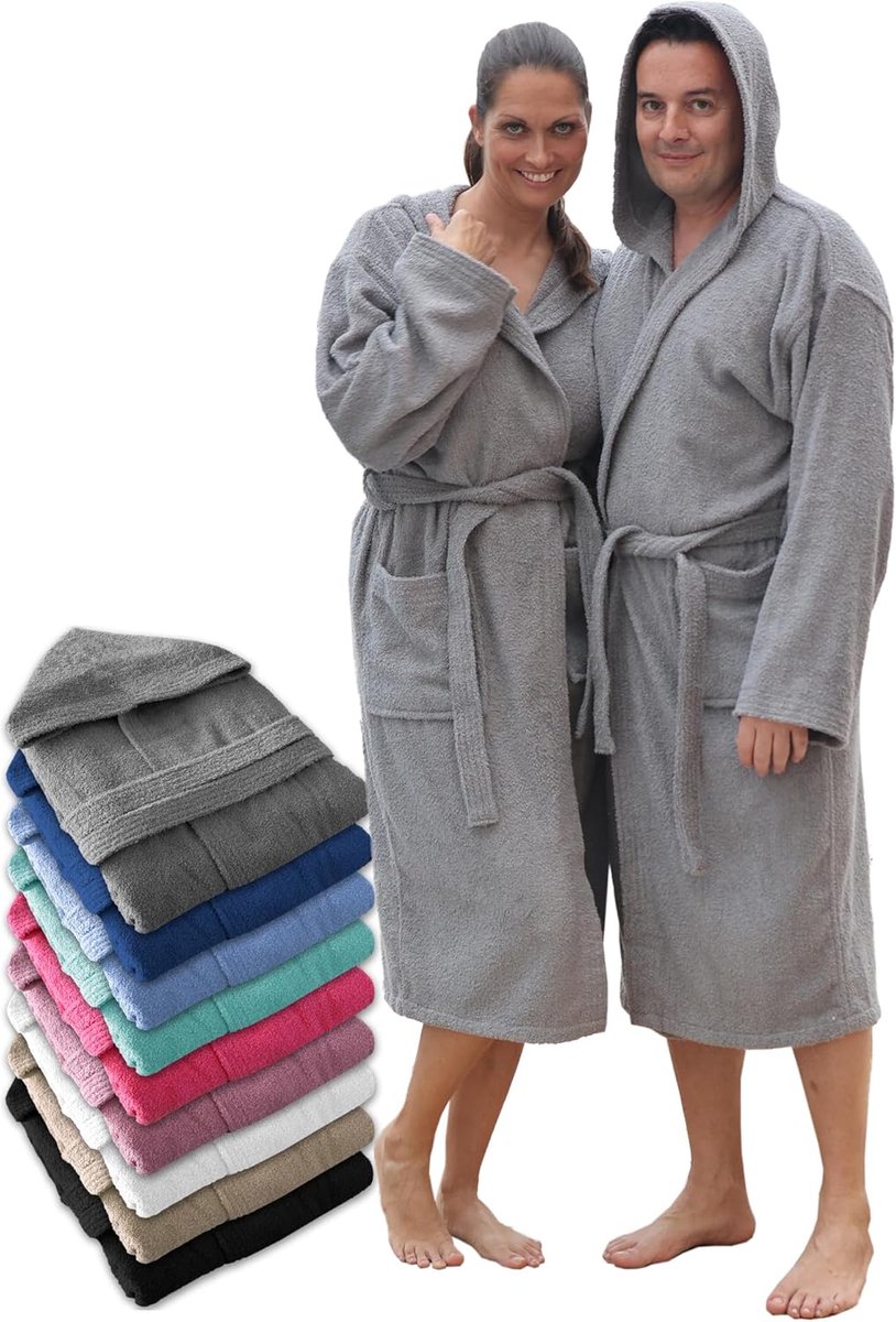 Badjas met capuchon, voor dames en heren, 100% katoenen badstof, 400 g, met riem, zakken, douche, zachte badjas, handdoek
