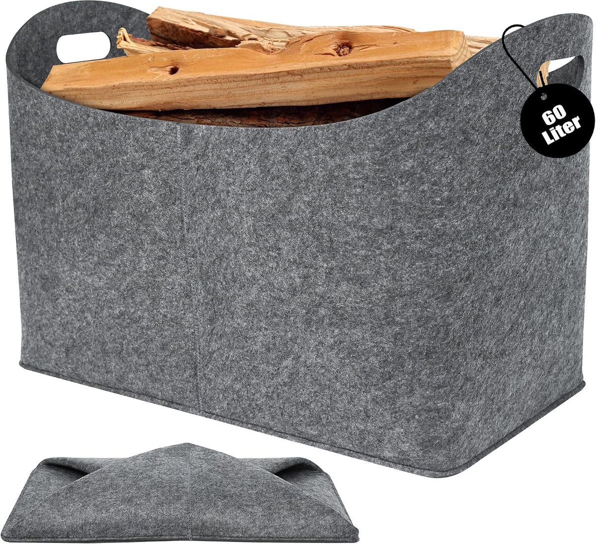 houten manden, draagbare haardhouttas met handvat, opvouwbare haardhoutmanden voor binnen en buiten, 60 liter, vliesstof, opbergtas voor brandhout, speelgoed, boeken, winkelen, camping, 2