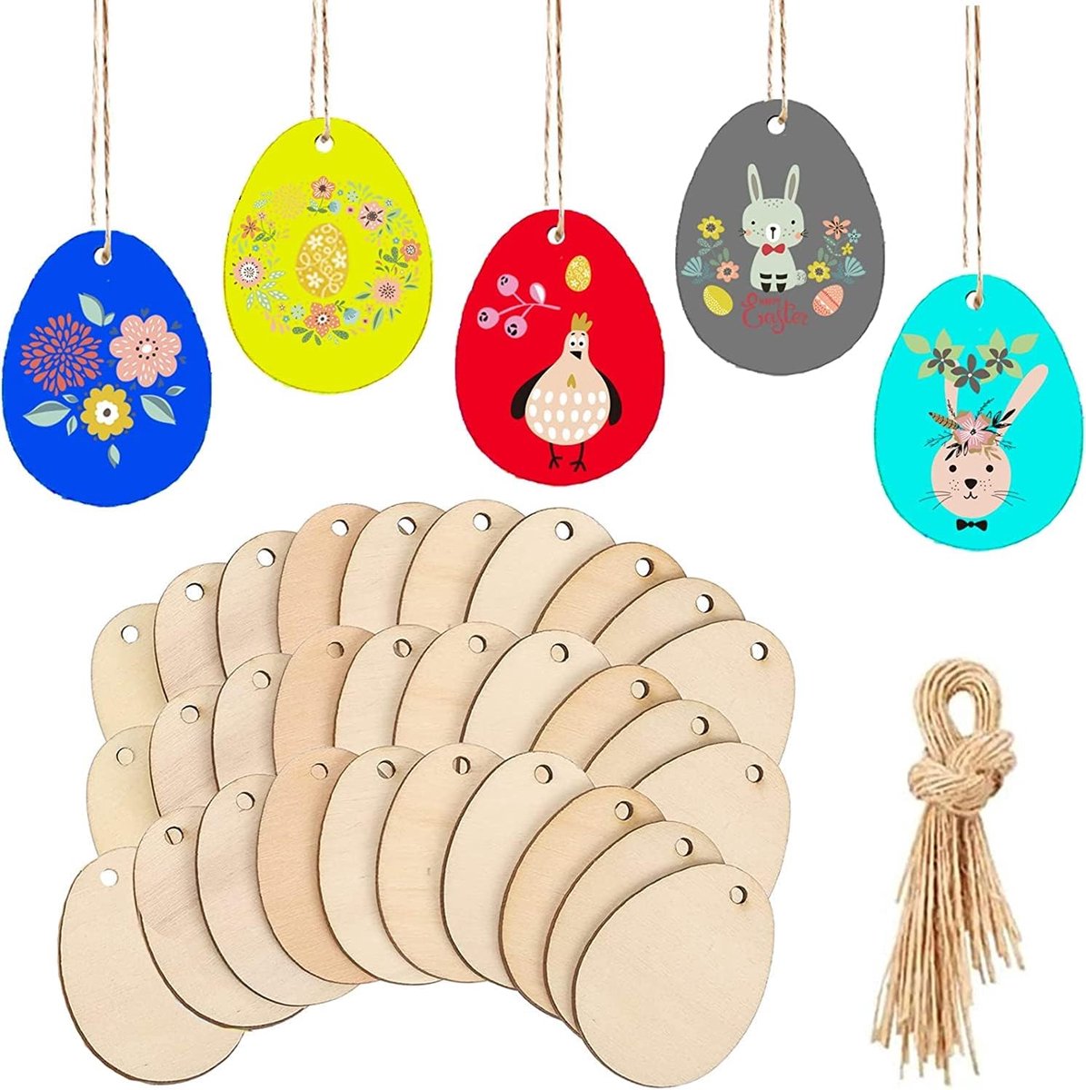 Houten paaseieren, 40 stuks, decoratie met koord, doe-het-zelf knutselen, om te beschilderen, houten hanger voor kinderen, paaseieren