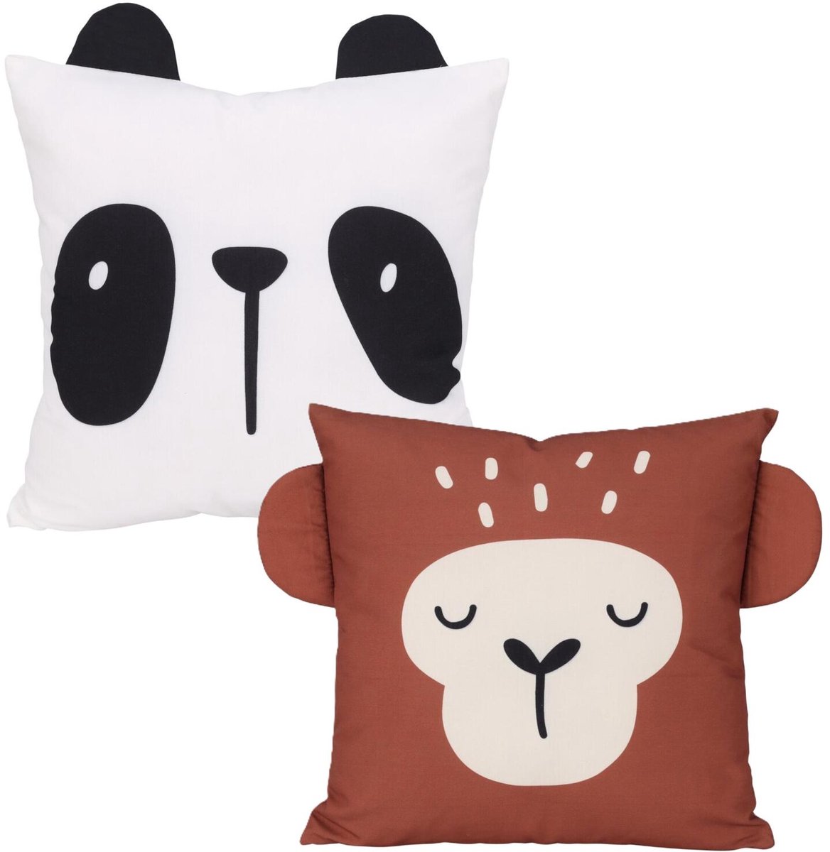 Home & Styling Dieren sierkussen set - 2x - kinderkamer - panda en aapje - 40 x 40 cm - polyester