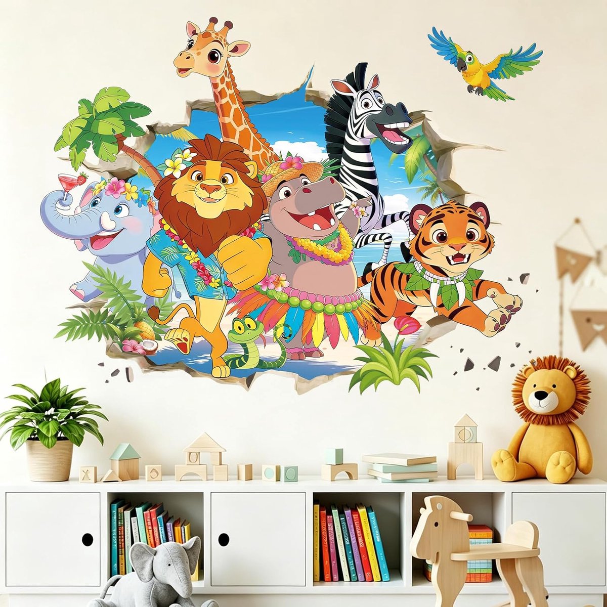 3D Leuke Safari Dieren Muursticker Vinyl Peel en Stick, Olifant Giraffe Leeuw Jungle Muursticker Decor voor Kinderen Slaapkamer Kinderkamer Kinderkamer Speelkamer