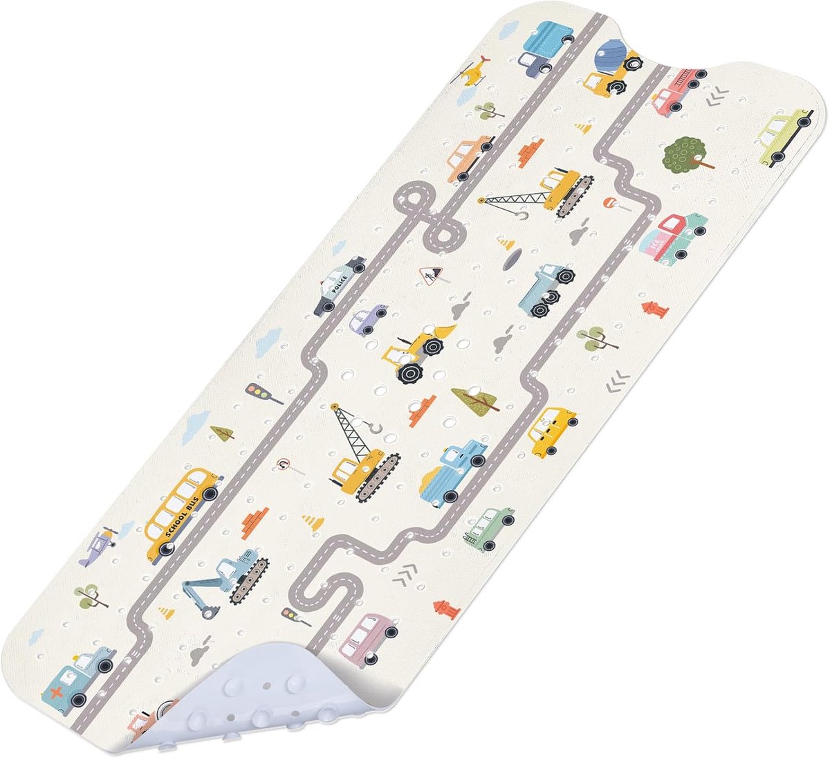 Zachte zuignap badmat antislip voor tienerjongens, kinderen en peuters, badkamer douchemat machine wasbaar sneldrogend, auto's en voertuigen gebroken wit, 100 x 40 cm extra lang