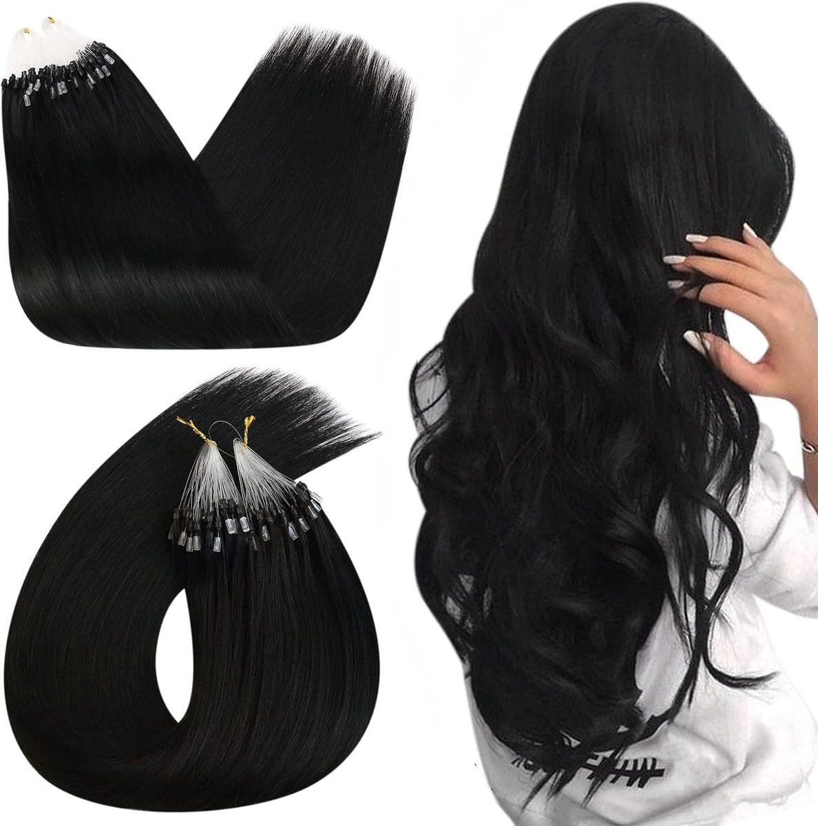 Microring Extensions van echt haar, kort, 35 cm, zwart, glad, Remy, haarverlenging, microring, zwart, voor vrouwen, 50 g, 50 strengen