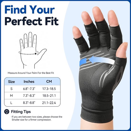 compressiehandschoenen voor dames en heren, voor reumatoïde en osteoartritis, verlicht spierspanning, vingerloze handschoenen met antislip siliconen voor werk, slapen en sport (S, 1 — afbeelding 5