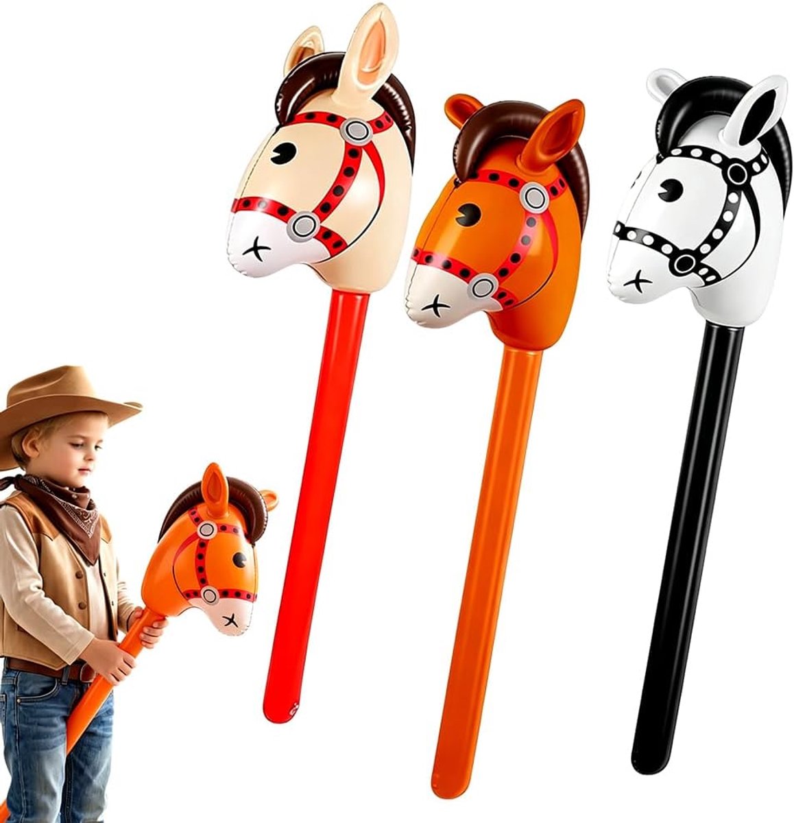 houtblok, set van 3 opblaasbare stokpaarden, 95 cm opblaasbaar speelgoedpaard, feestartikel, decoratie, verjaardagsfeest met paardenthema