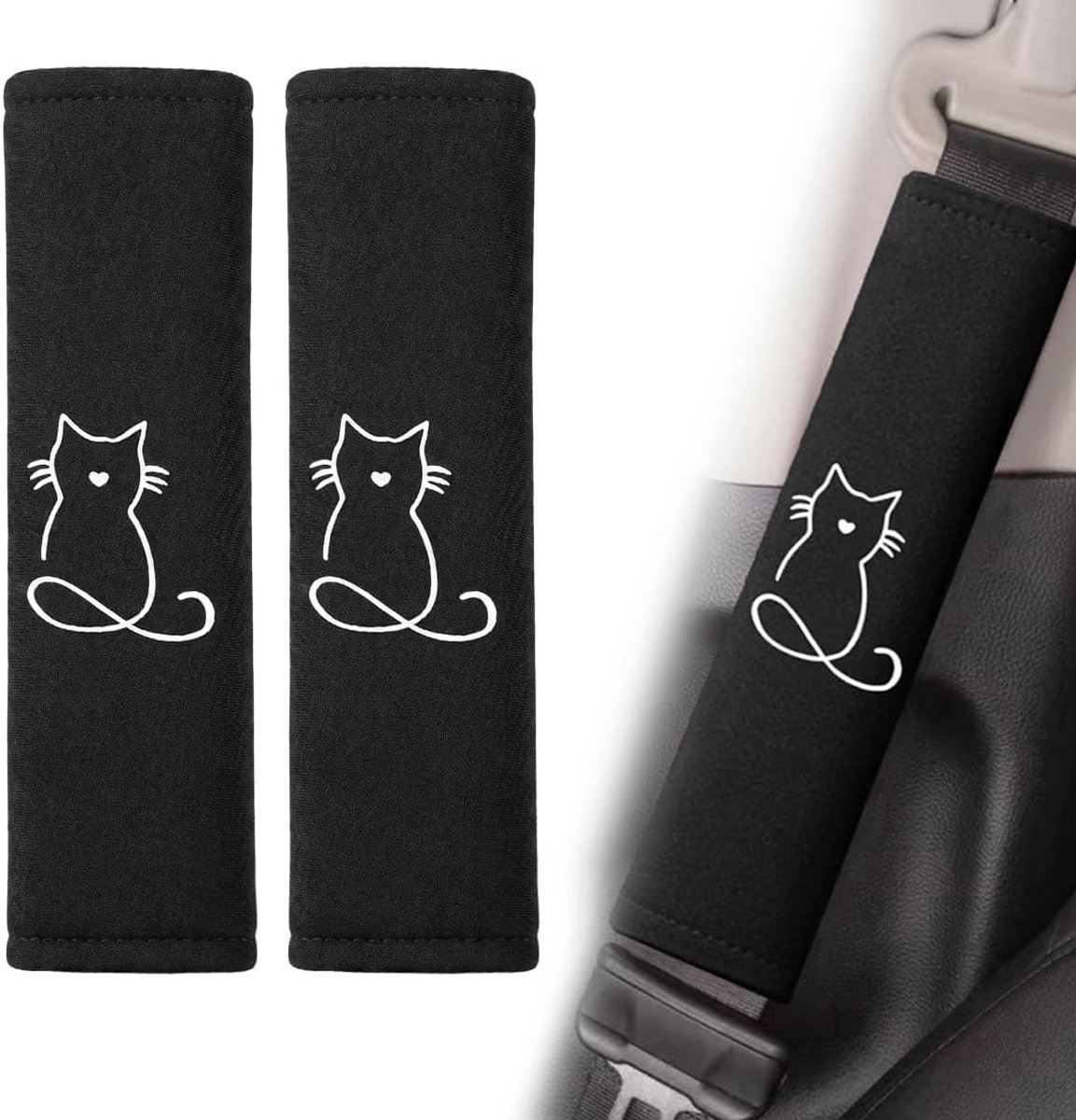 Veiligheidsgordelbekleding, 2 zachte schouderbeschermers voor autoveiligheidsgordels, Black Cat