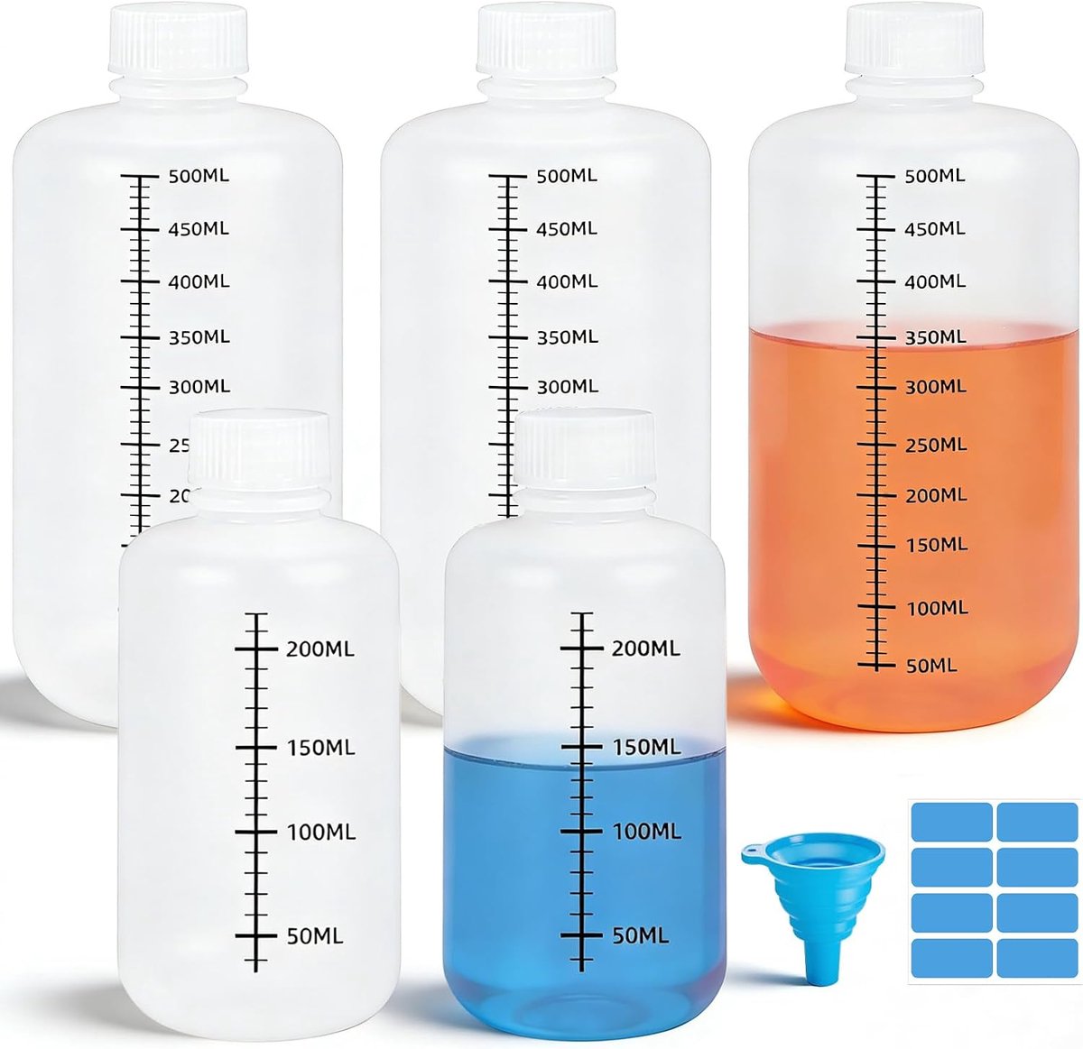 5 stuks laboratoriumflessen, 500 ml & 250 ml reagensflessen met schaalverdeling, plastic flessen Verzegeld, lekvrij, doorschijnend, PP-fles, voor pillenflesjes, watermonsterflesjes