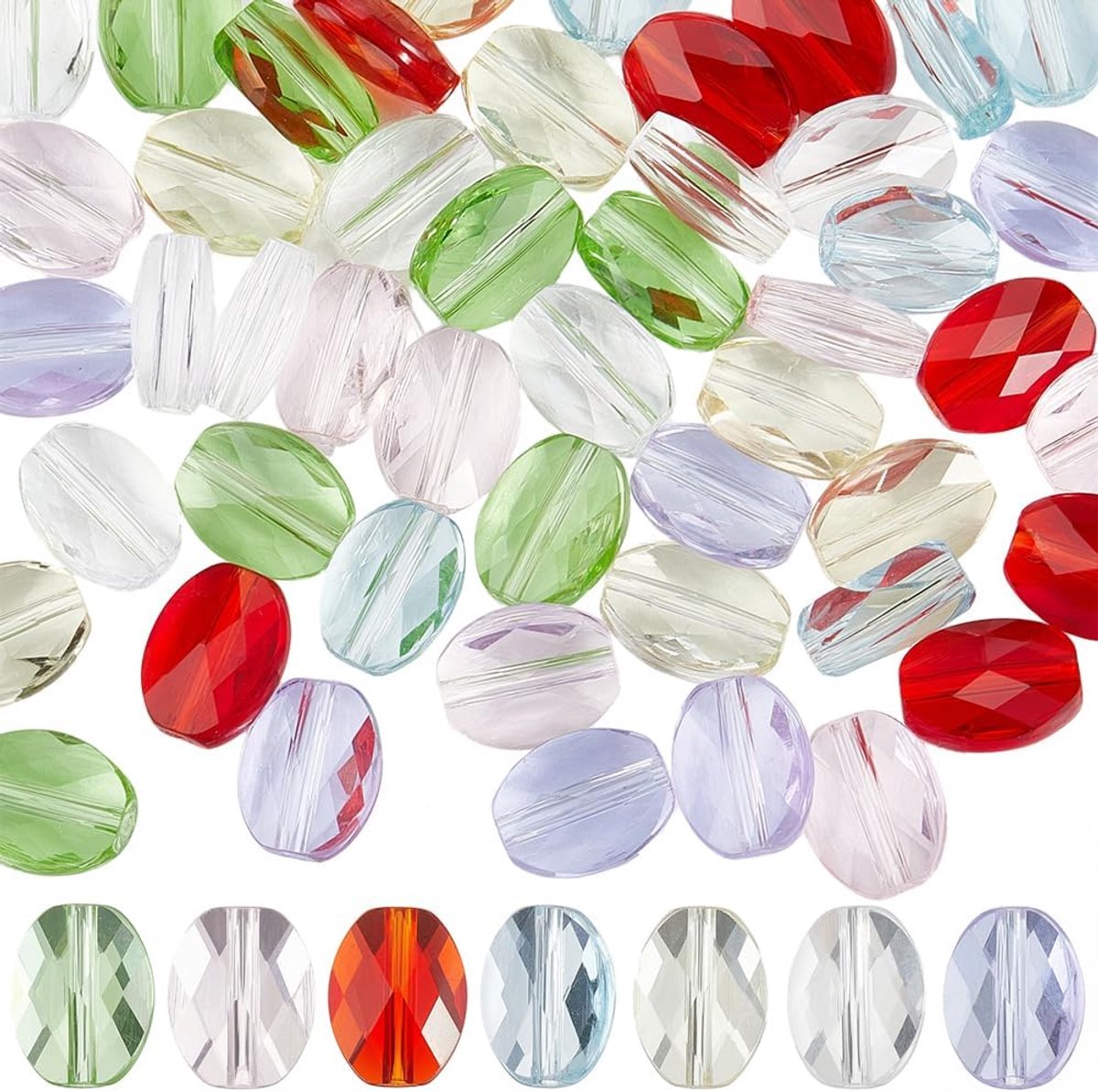 1 Doos 7 Kleuren 70Pcs Verschillende Kleuren Glazen Kralen Facet Ovale Kralen Kristal Groen Roze Wit Transparant Imitatie Oostenrijkse Spacer voor Ambachten Armband Ketting Sieraden Maken