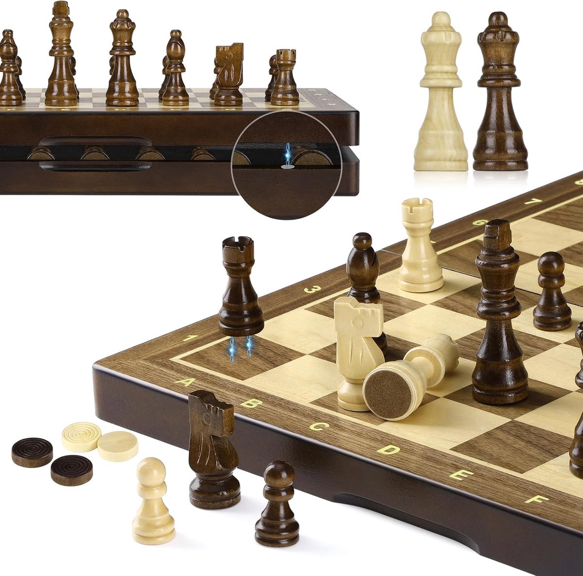 2-in-1 magnetisch schaakspel van hout, 38 cm magnetisch schaakbord / 2 extra koninginnen, hoogwaardig schaakspel, gigantisch schaak- en dambordset