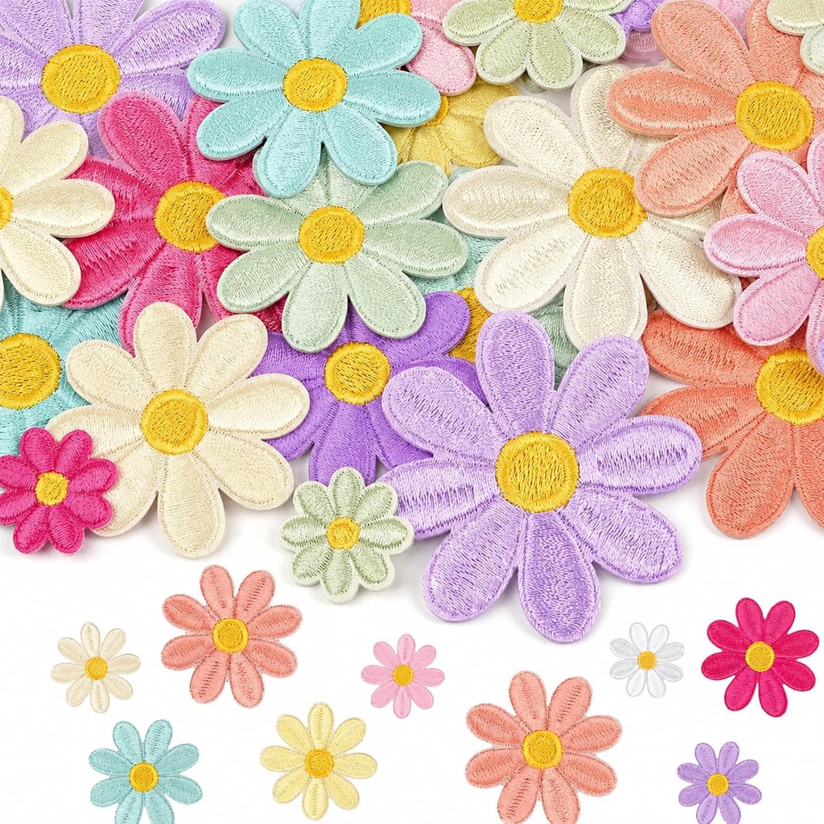Reparatiepatches 32 stuks, madeliefjes applicaties in 4 maten, kleurrijke set voor jeans jassen kleding, opnaaibare reparatiepatches, bloemen