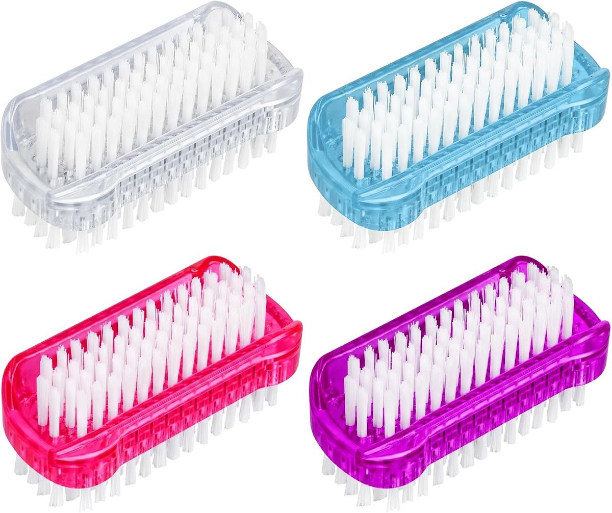 4 stuks dubbelzijdige nagelborstel, plastic handvat, nagelschrobber, nagelreinigingsborstels voor handen, tenen, nagels, voor thuis- en salongebruik (rozerood + paars + blauw + transparant)